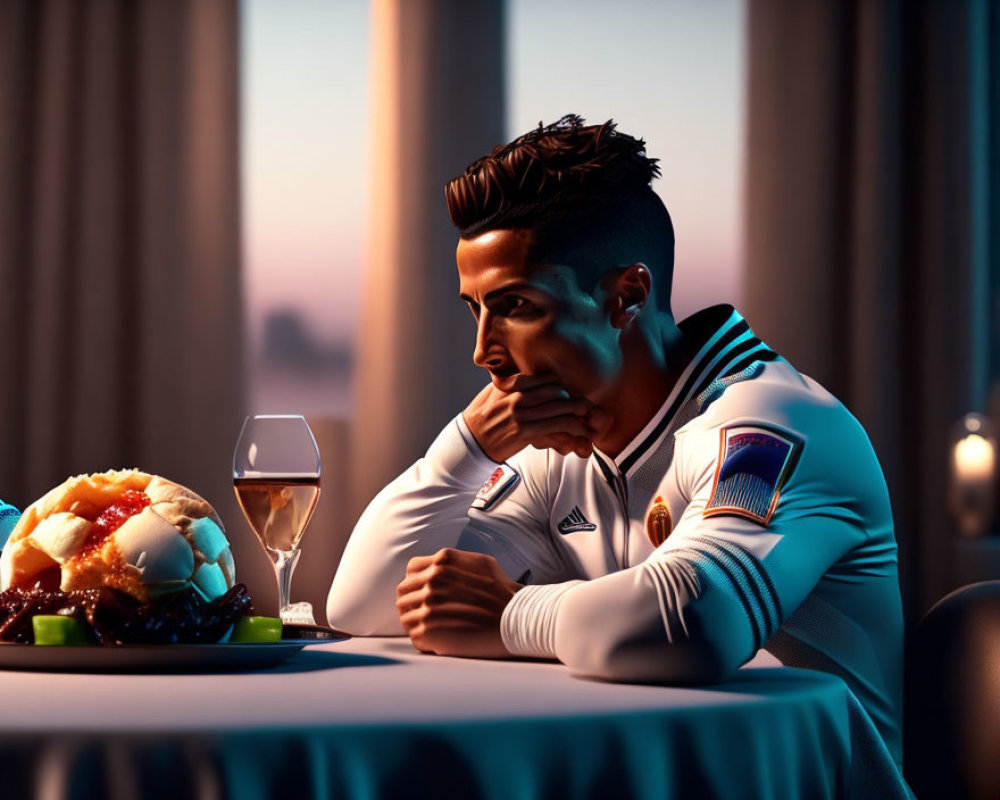 Person at dinner table with soccer ball cake, wine, and sunset view.