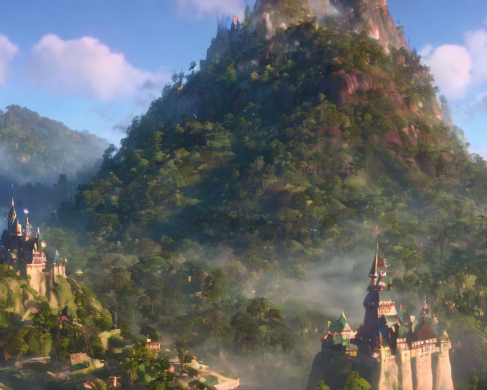 Enchanted castle on misty mountainside in dense forest