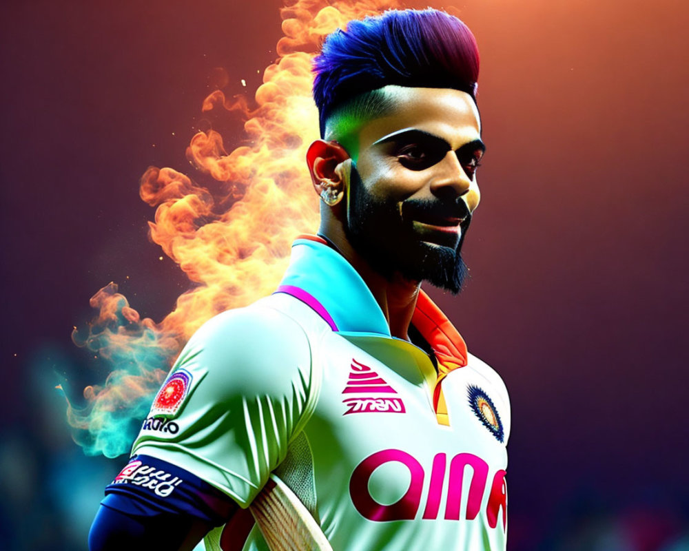 Colorful Cricketer Artwork with Fiery Smoke Effect