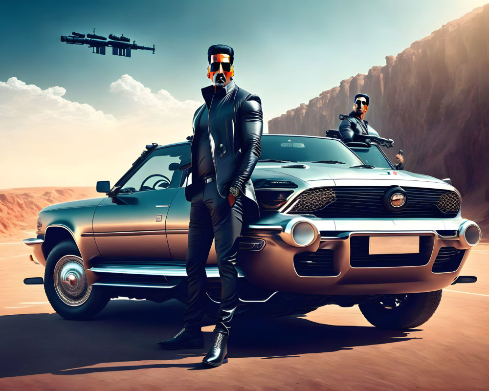 Two men in black outfits with futuristic sunglasses posing by a classic car in desert with a drone.