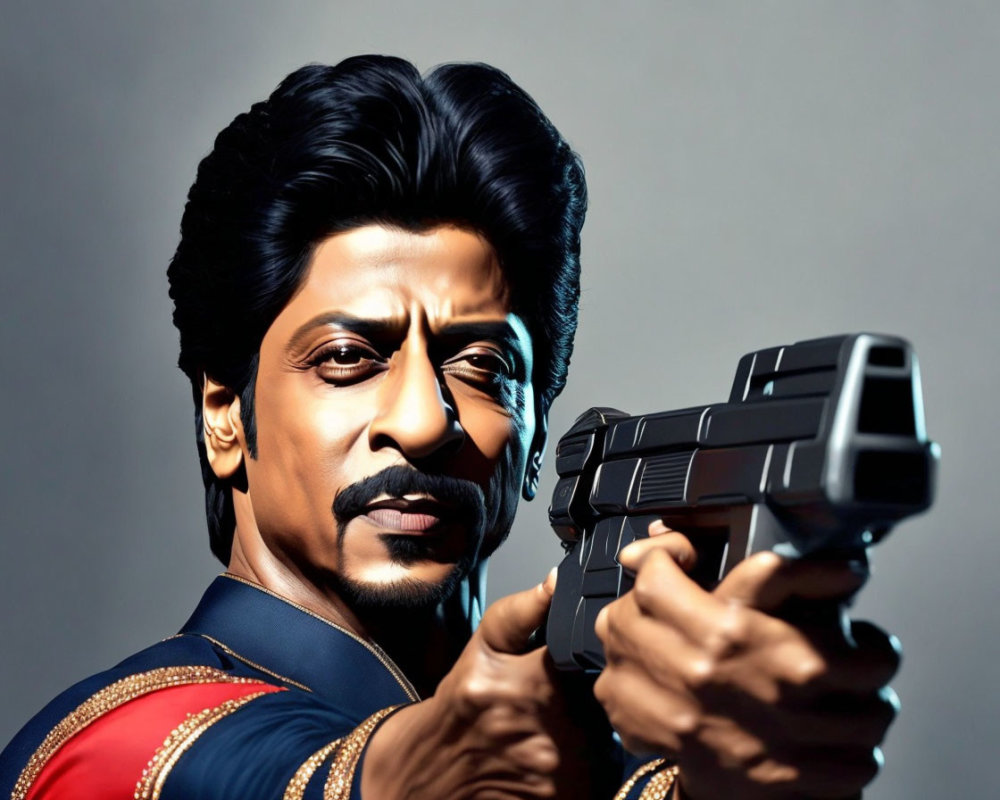 Digital artwork: Serious man with gun, exaggerated features.