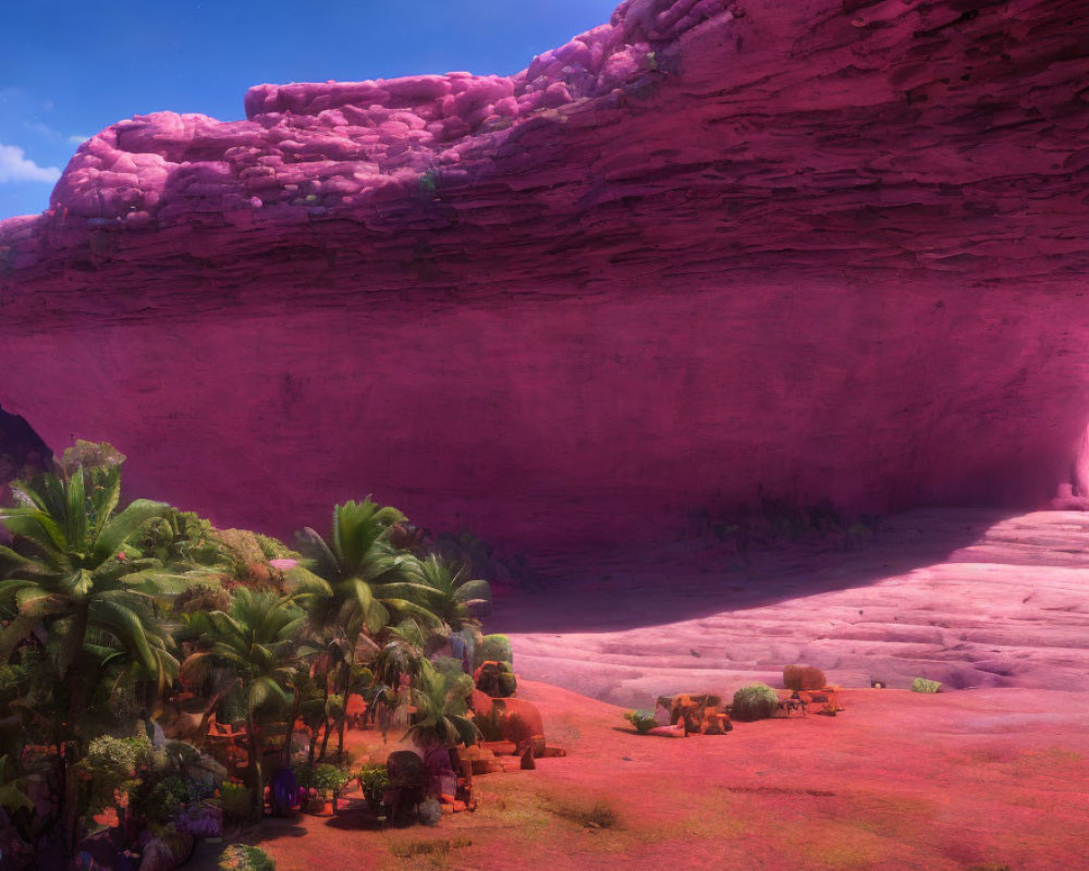 Vibrant digital landscape: Pink rock formation, lush green tropical vegetation, clear blue sky
