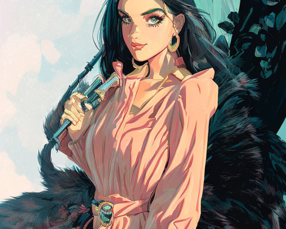 Stylized woman with black hair and green eyes in pink dress with sword on cool-toned backdrop
