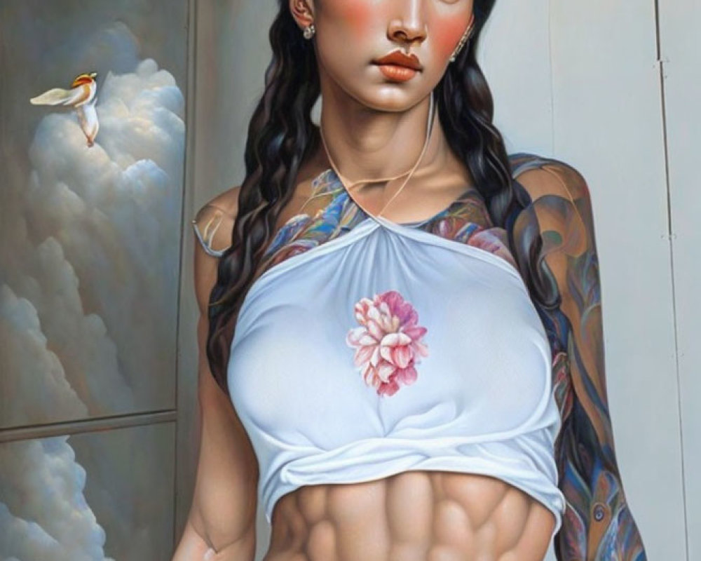 Hyperrealistic Painting: Woman with Braided Hair, Floral Tattoo, and Bird in Flight
