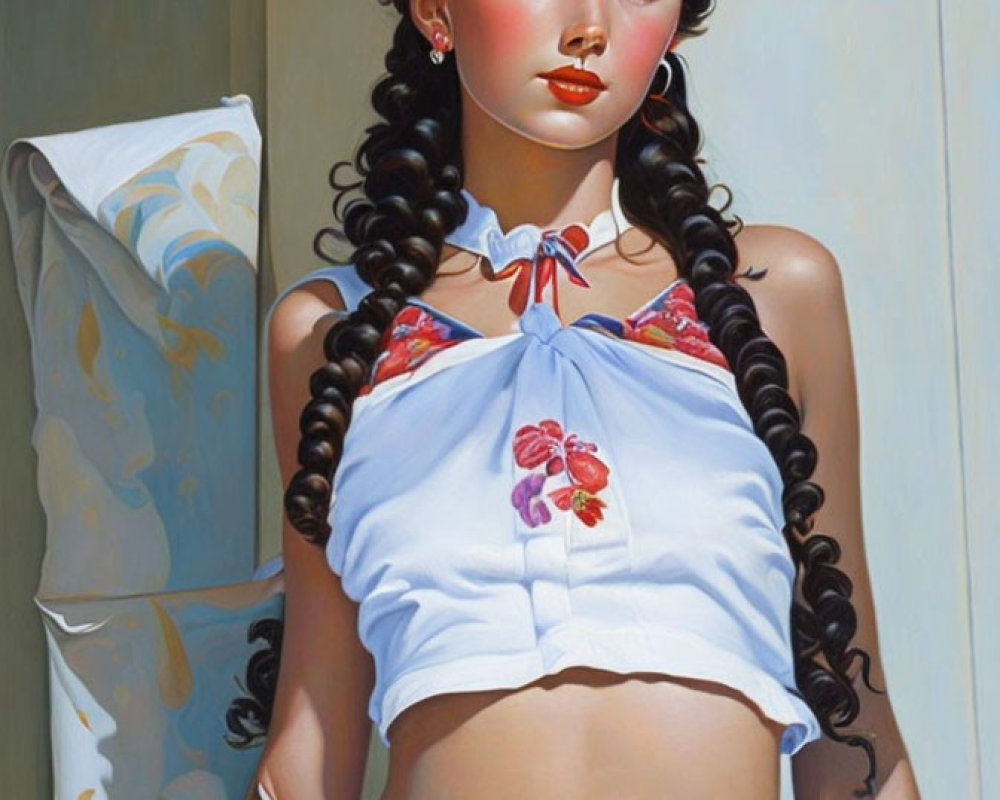 Portrait of young woman with braided hair and crop top in sunlight shadows