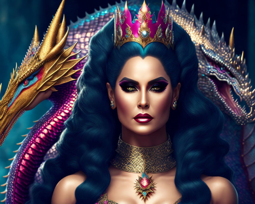 Fantasy-themed portrait of regal woman with crown and dragon