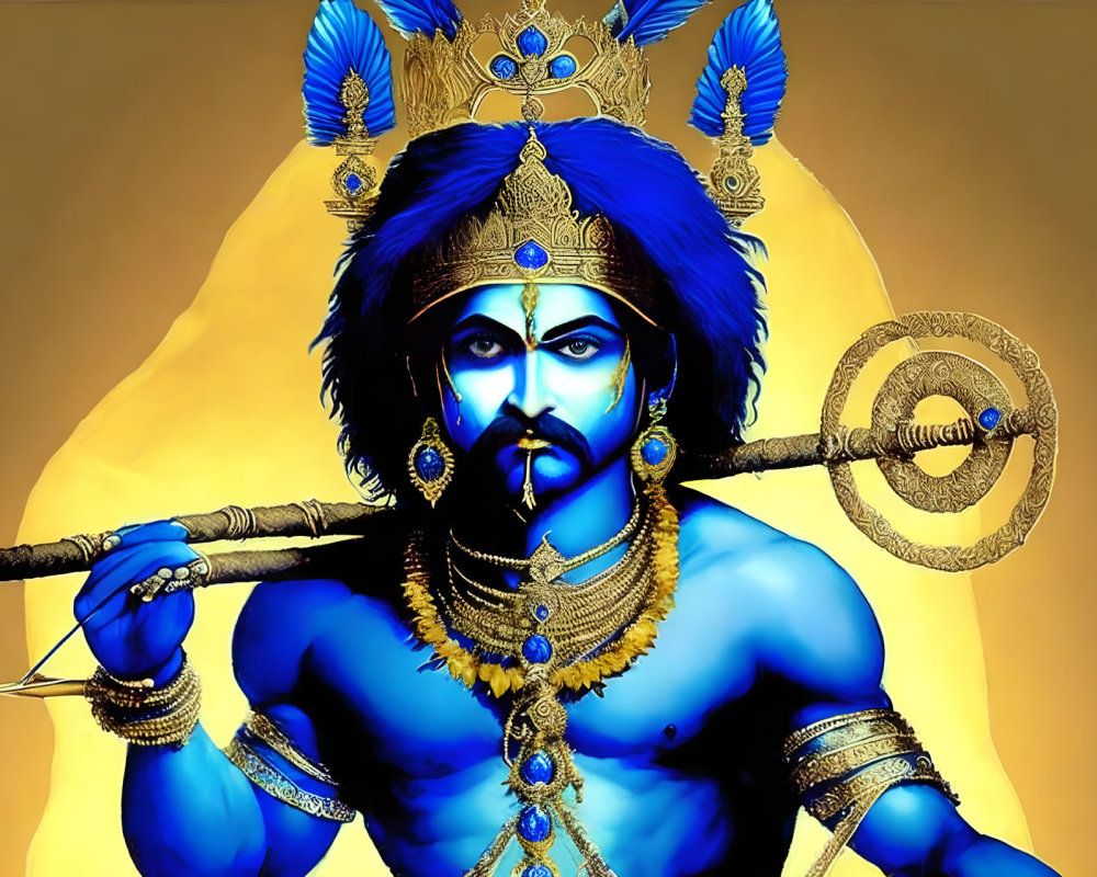 Blue-skinned male figure with Indian adornments holding chakra and spear