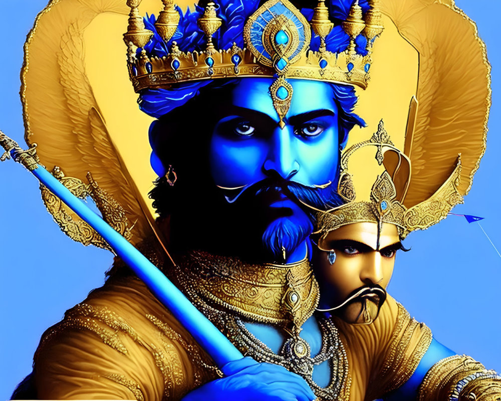 Colorful Illustration of Two Regal Figures in Traditional Attire with Weapons