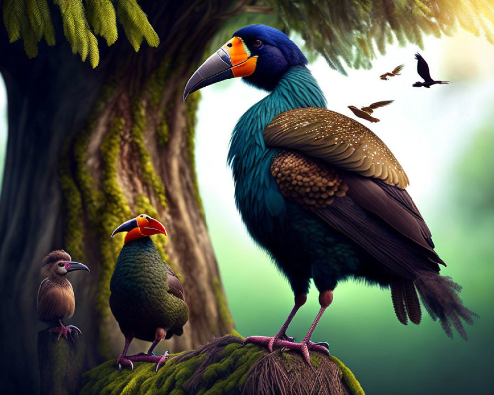 Colorful toucan and curious bird in lush forest scene