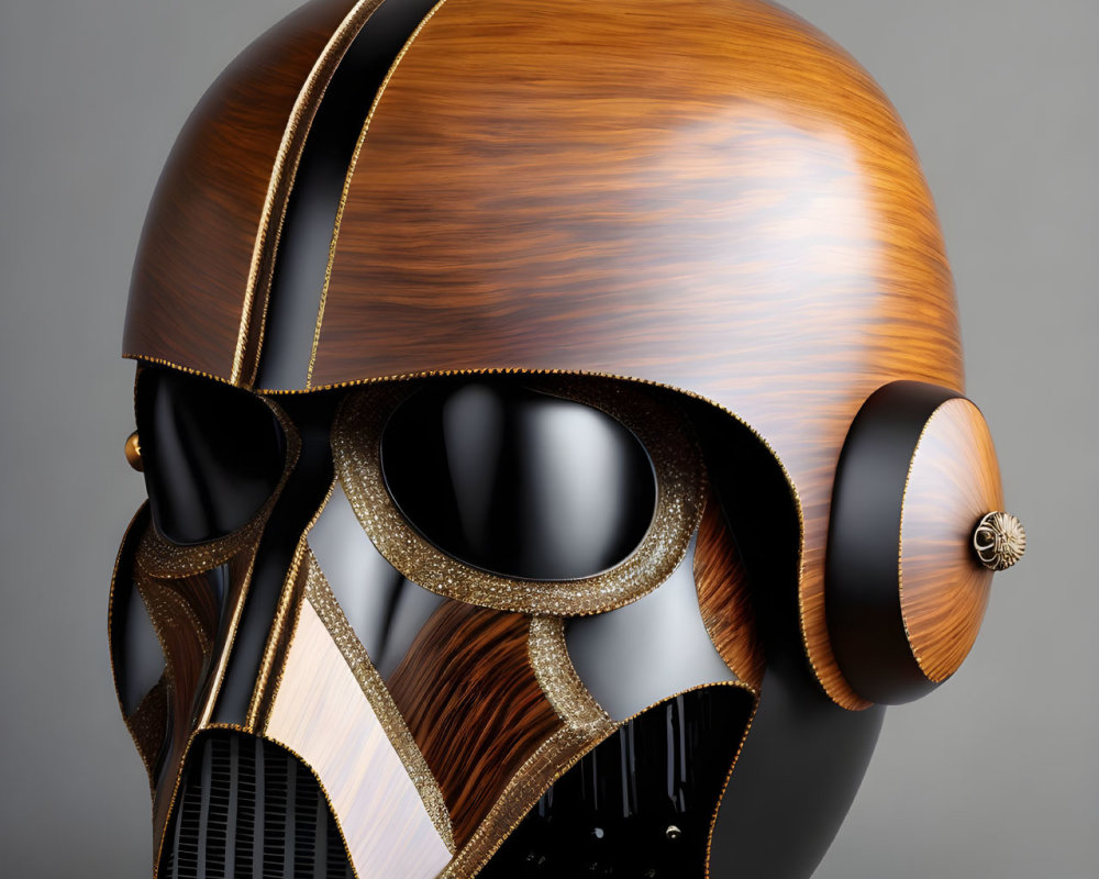 Wood Grain Texture Helmet with Golden Trim and Glossy Black Accents