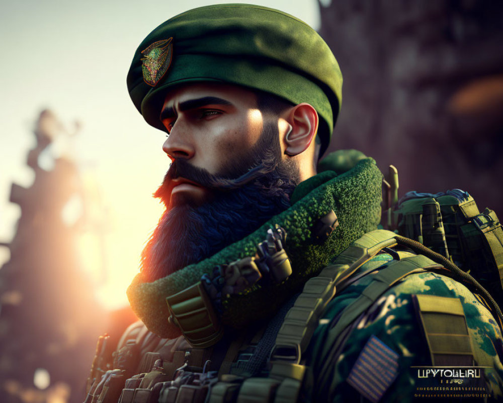 Bearded soldier in green beret and tactical gear gazes into distance.