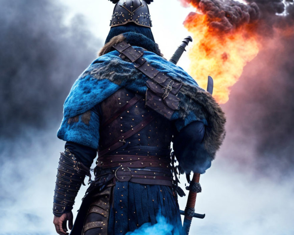 Medieval warrior in armor with fur cloak before fiery explosion