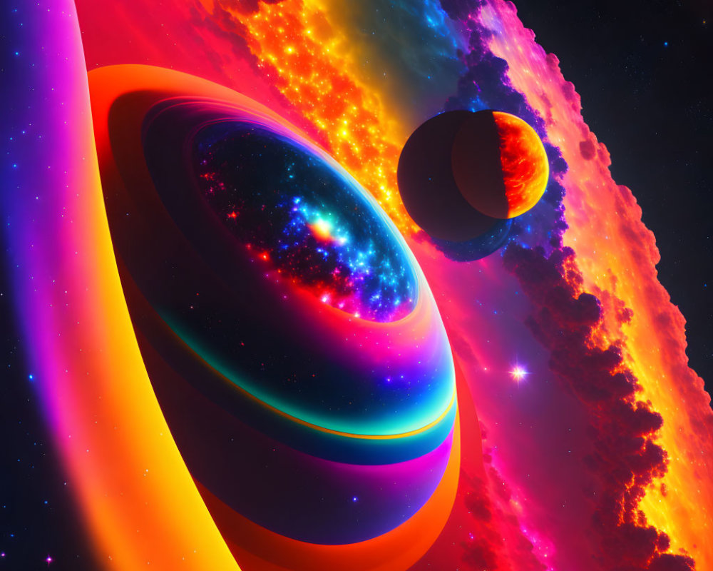 Colorful digital artwork of celestial bodies and nebulas in space
