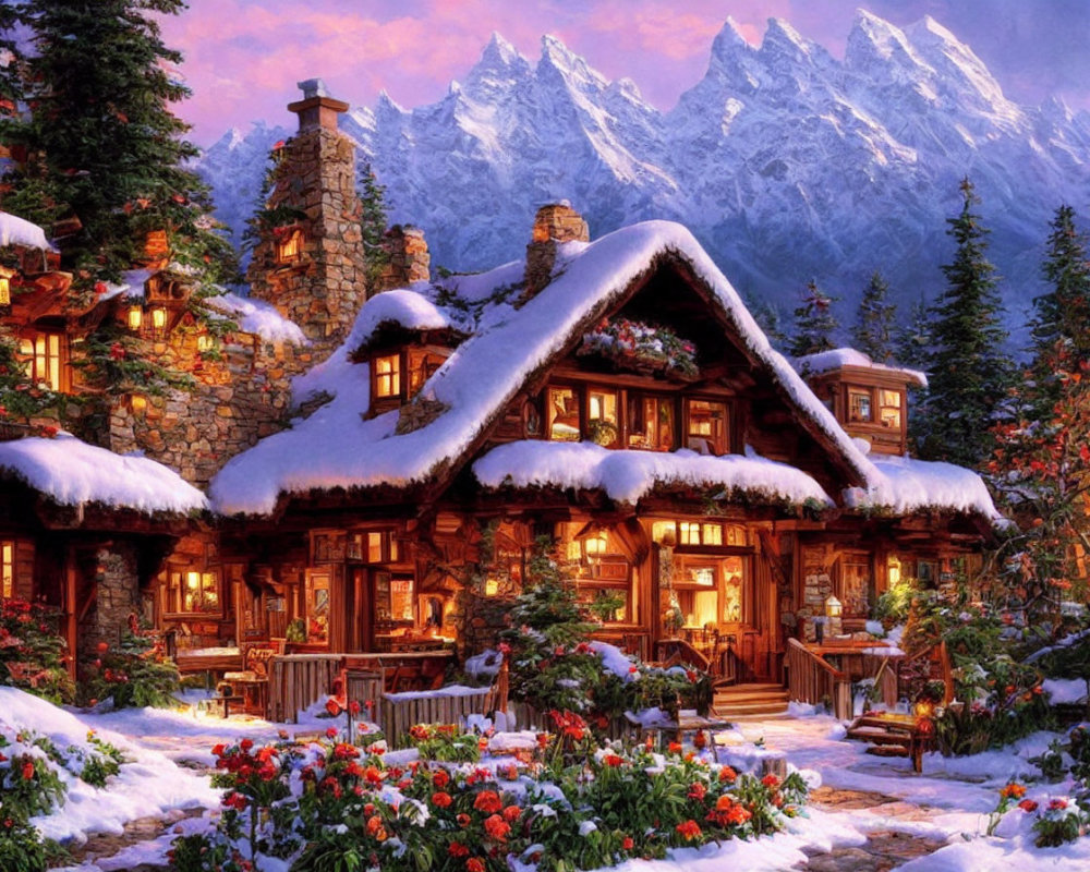 Snow-covered cottage in winter forest with mountain backdrop
