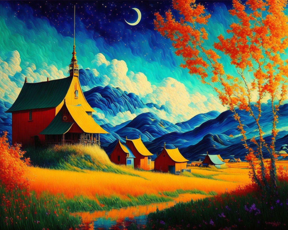Colorful autumn landscape with red church, orange houses, and crescent moon.
