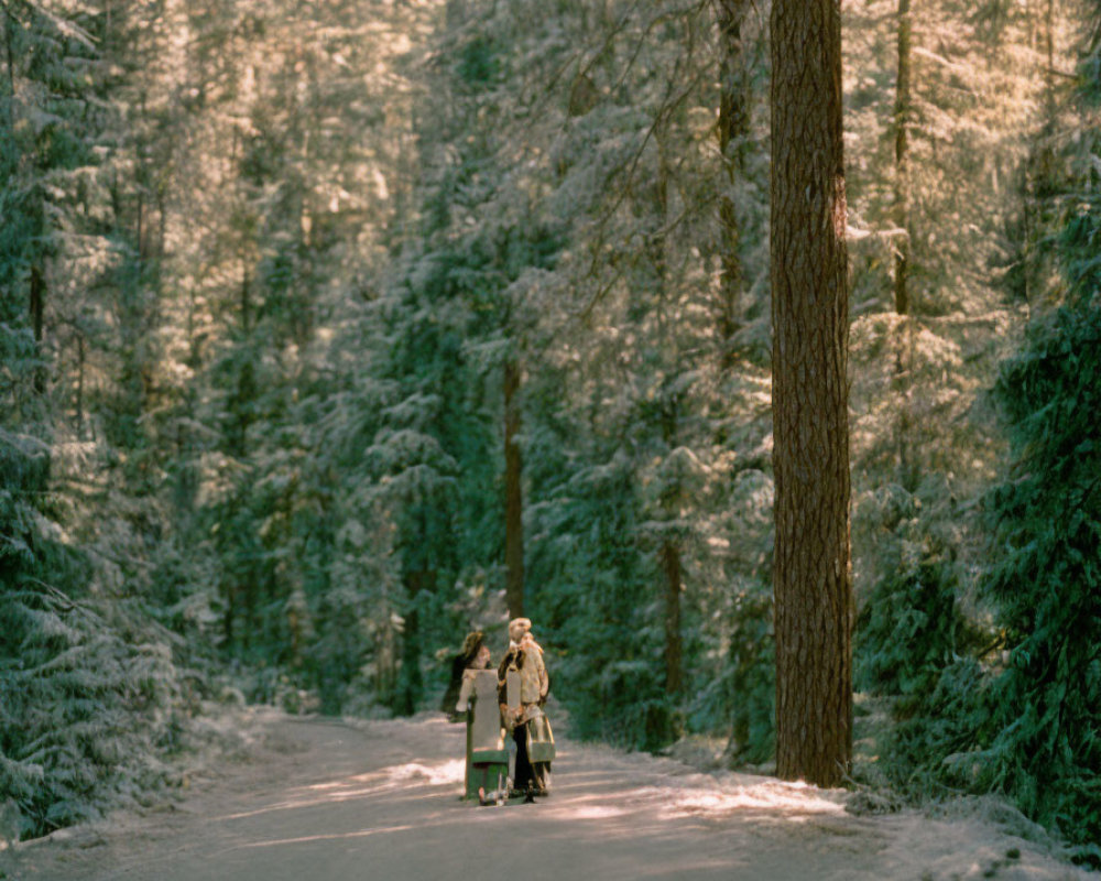 Snow-covered forest path with two people, stroller, and tall pine trees.