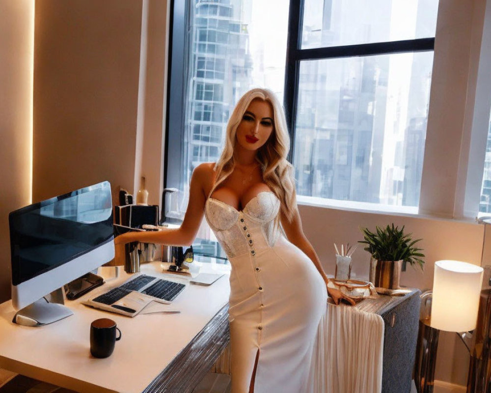 Woman in white dress at desk with computer in city backdrop