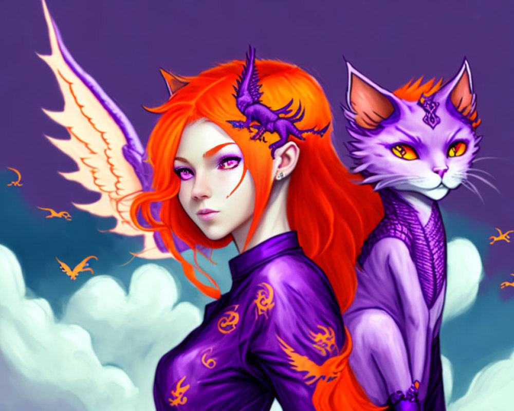 Fiery orange-haired woman with winged creature and purple feline in purple sky