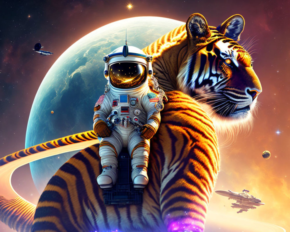 Astronaut riding majestic tiger in cosmic space