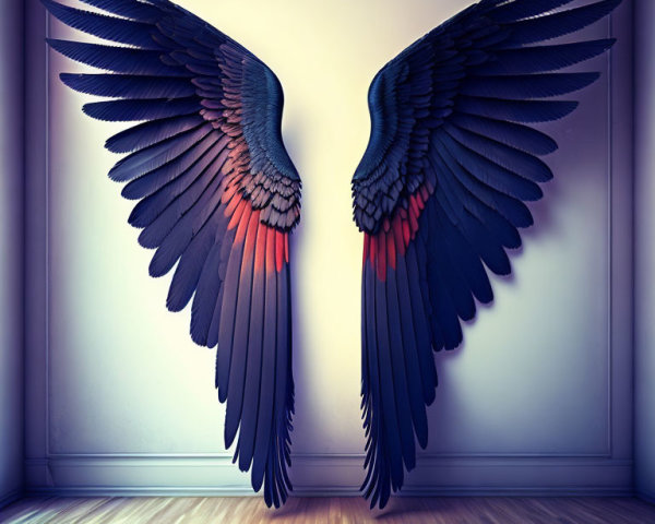 Colorful Blue to Red Gradient Wings Mounted on Dimly Lit Wall