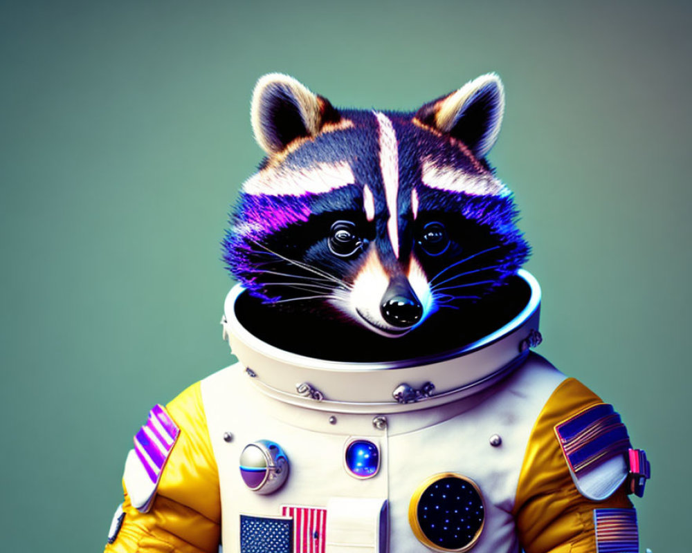 Raccoon head on astronaut body in colorful space suit on teal background