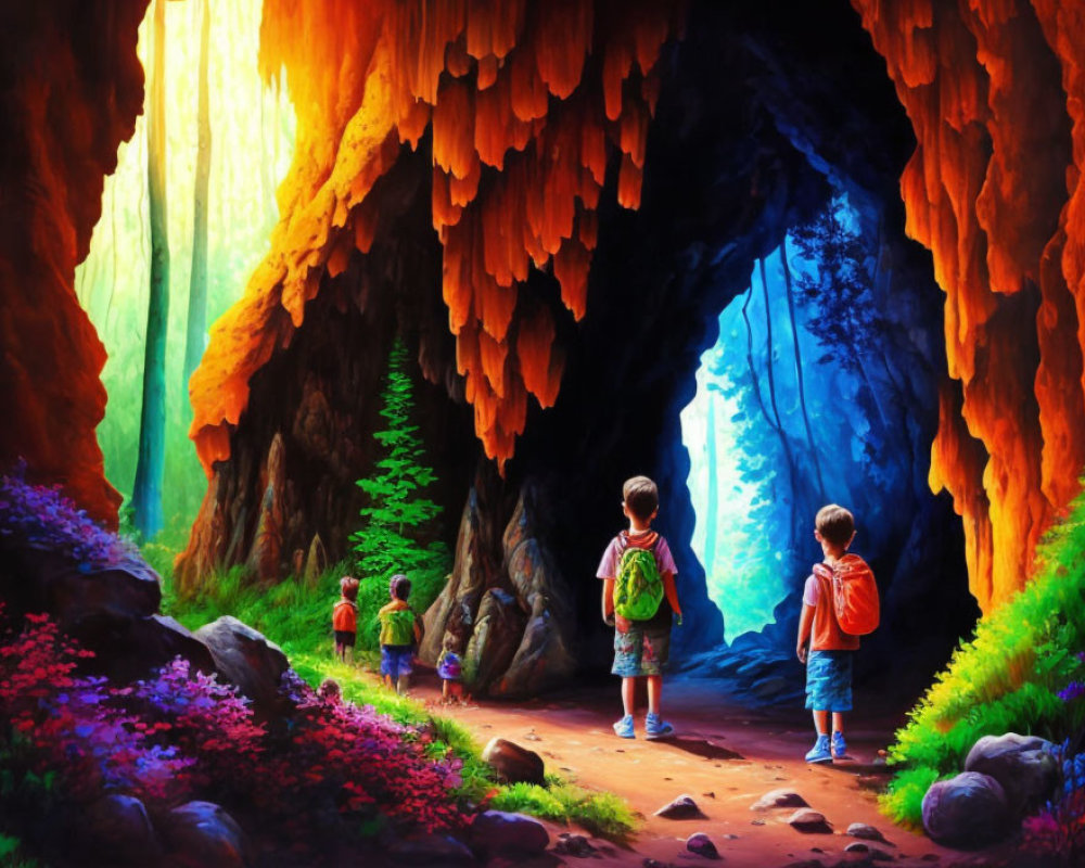 Children at cave entrance overlooking lush forest with warm and cool lighting