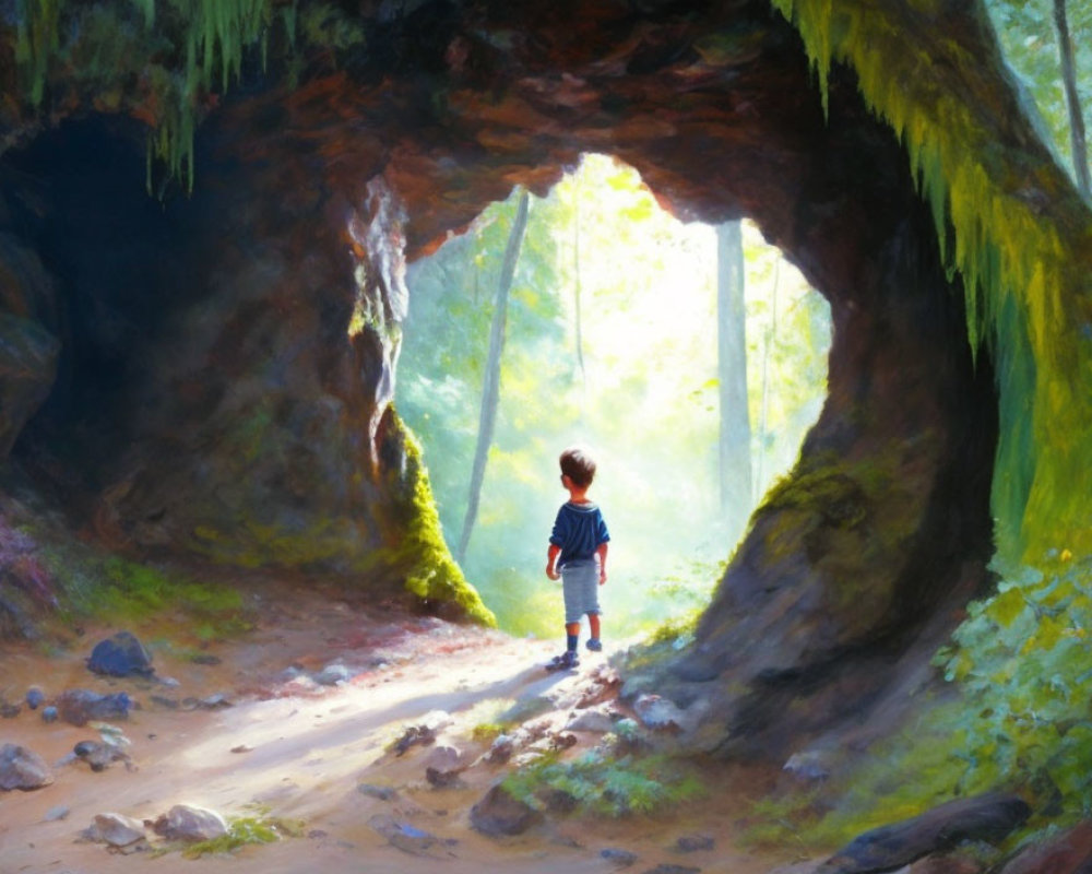 Child at Entrance of Sunlit Forest Cave Surrounded by Greenery