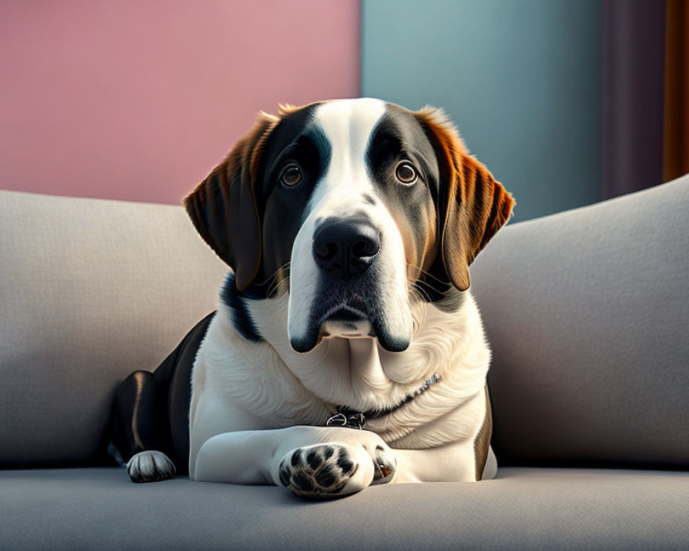 Dark Brown-Eared Beagle Resting on Grey Couch with Colorful Background
