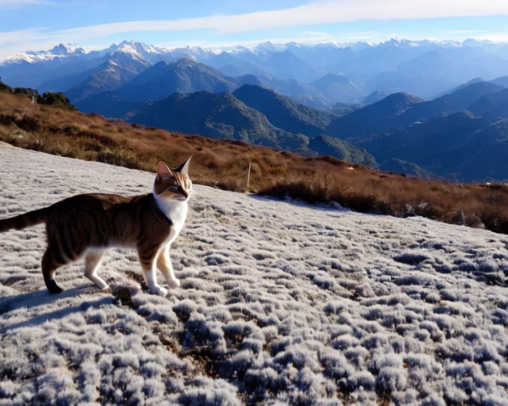Cat walking on frosty grass with majestic mountains and clear blue sky