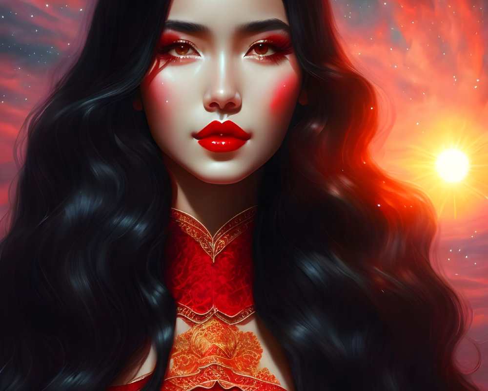 Digital portrait of woman with long black hair and red glowing eyes in red dress, set against cosmic backdrop
