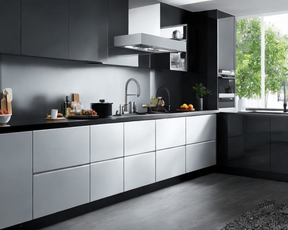 Sleek Black Cabinetry in Modern Kitchen with Stainless Steel Appliances