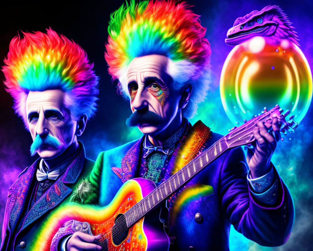 Vibrant psychedelic art: two Einstein-like figures with rainbow hair, one playing guitar, next to