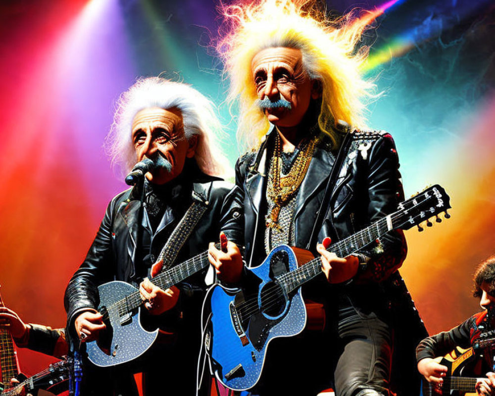 White-Haired Performers in Black Leather Outfits Play Guitars on Stage