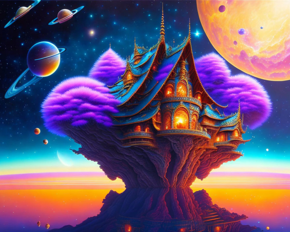 Cosmic illustration of grand temple on asteroid with purple trees in vibrant space scene