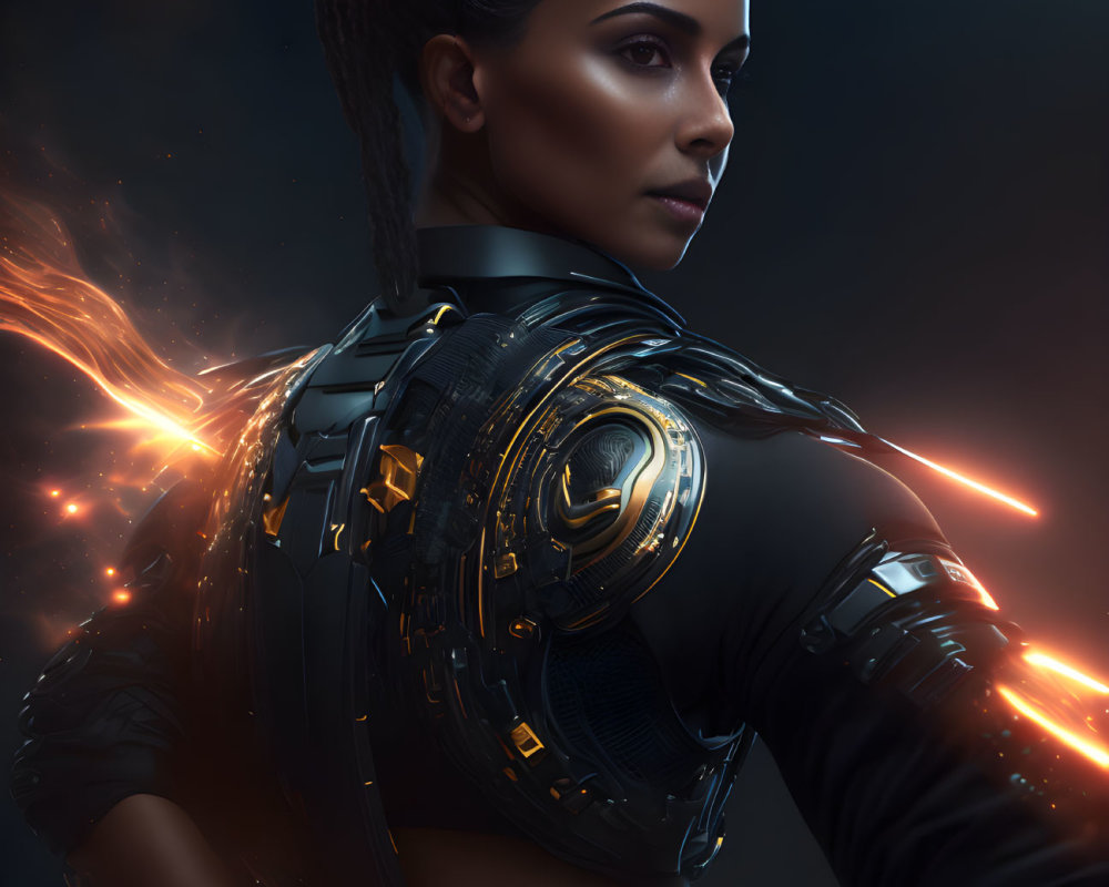 Futuristic woman with robotic arm and sparks on dark background