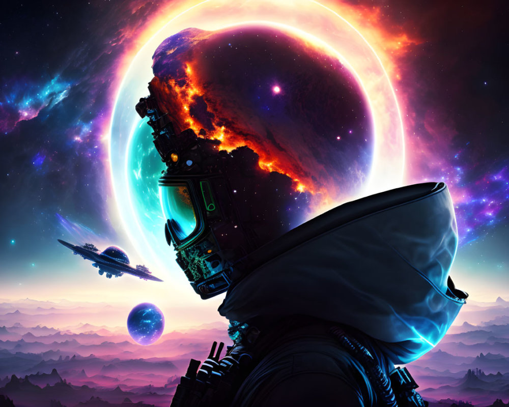 Person in spacesuit observes cosmic scene with nebulae, planets, and spaceships.