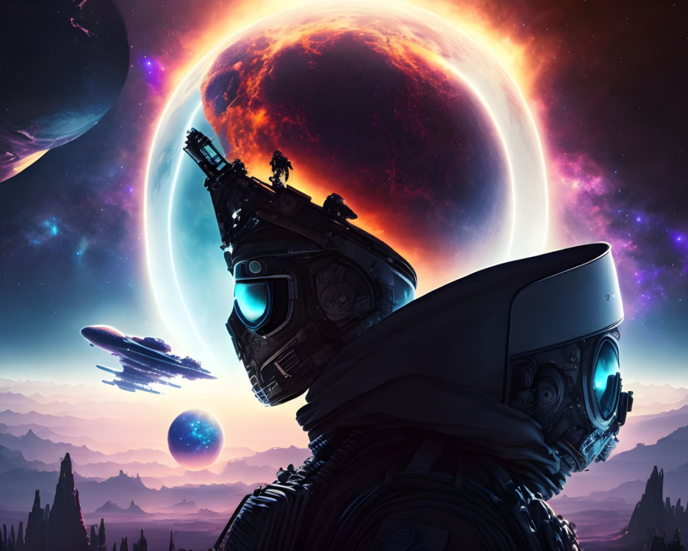 Astronaut observing planet, moons, spacecraft in futuristic extraterrestrial scene