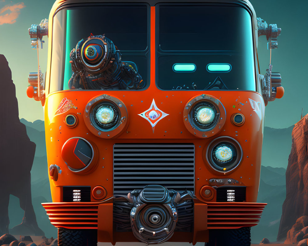 Orange Retro-Futuristic Van with Mechanical Parts in Desert Setting