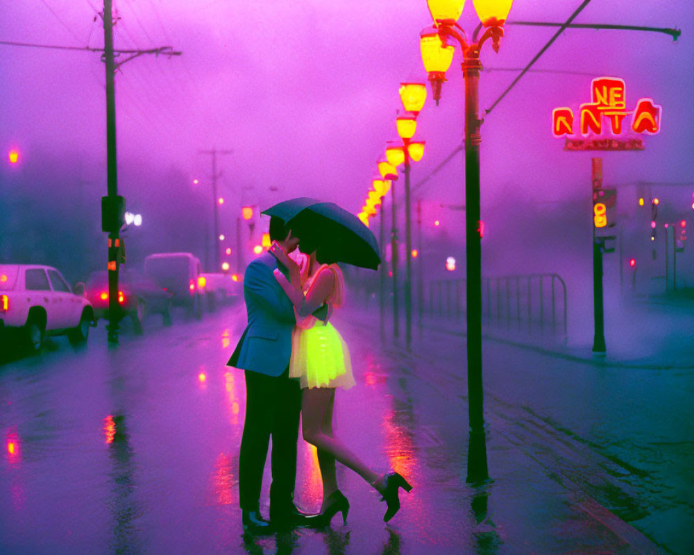 Couple embracing under umbrella on rain-soaked street at dusk