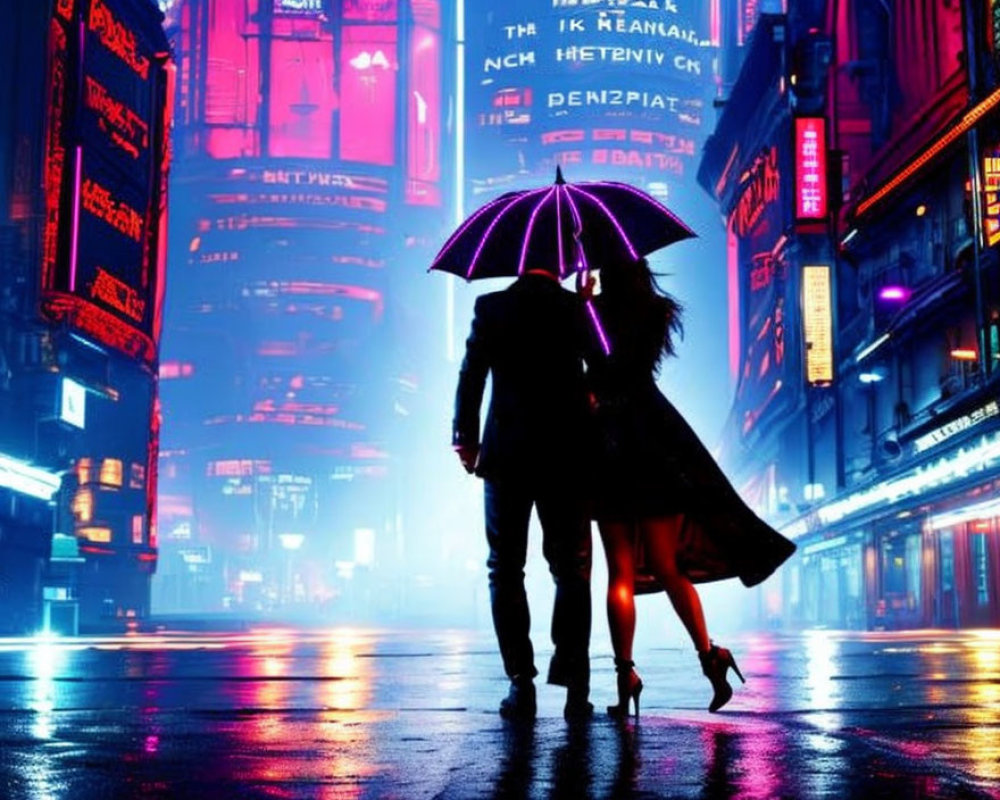 Night scene: Two people with umbrella on rain-wet street under neon signs