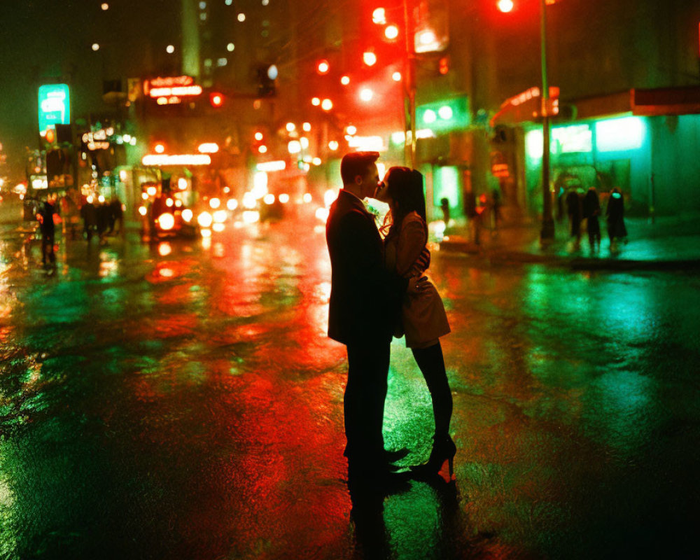 Couple kissing on rain-soaked street at night with vibrant city lights