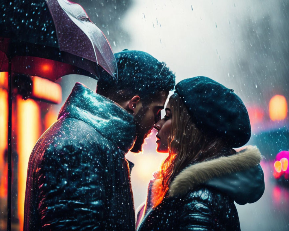 Romantic couple under umbrella in city rain at night