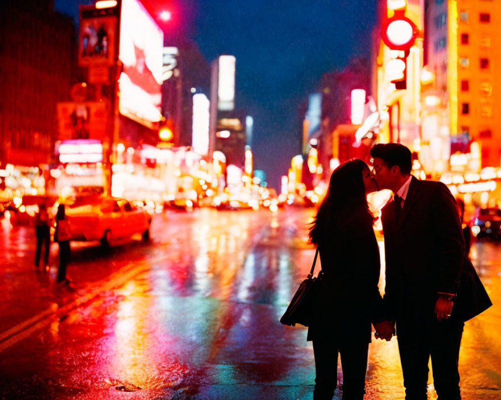 Couple's intimate moment on wet city street at night with neon lights