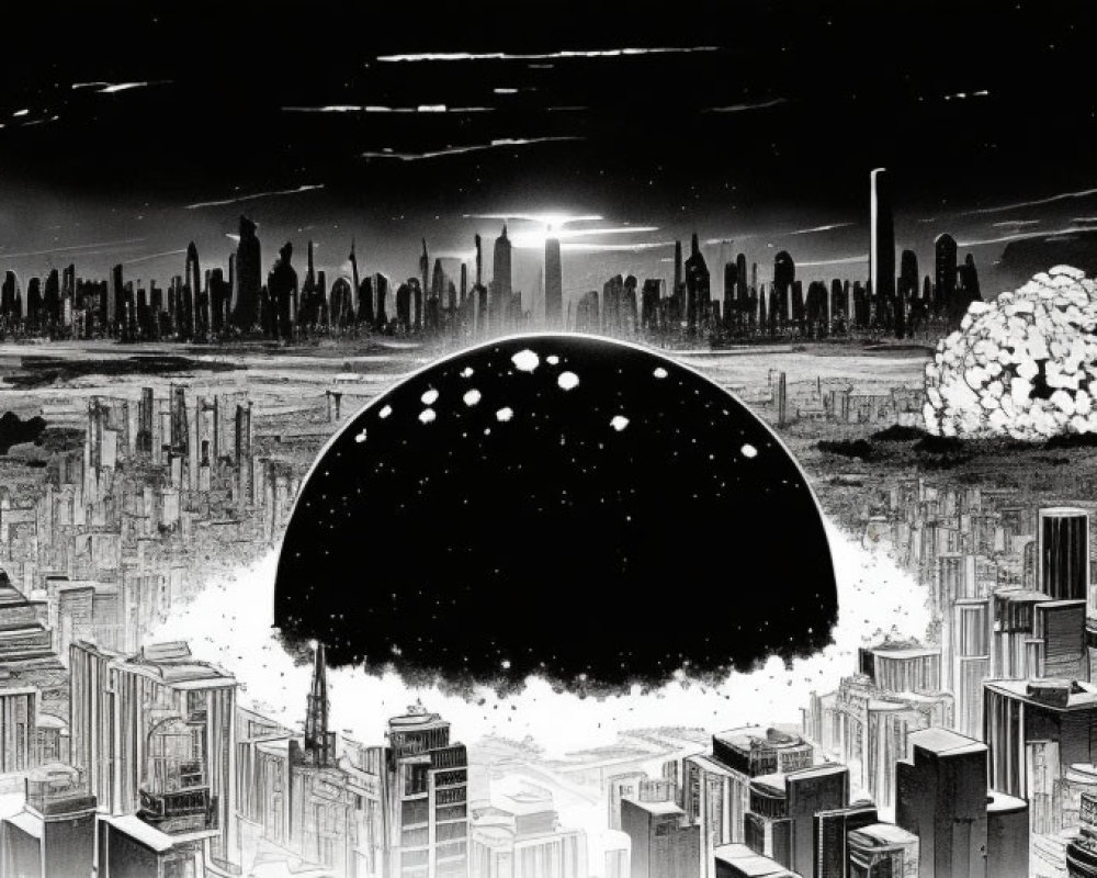 Monochrome futuristic cityscape with skyscrapers, dome, and explosions in starry sky
