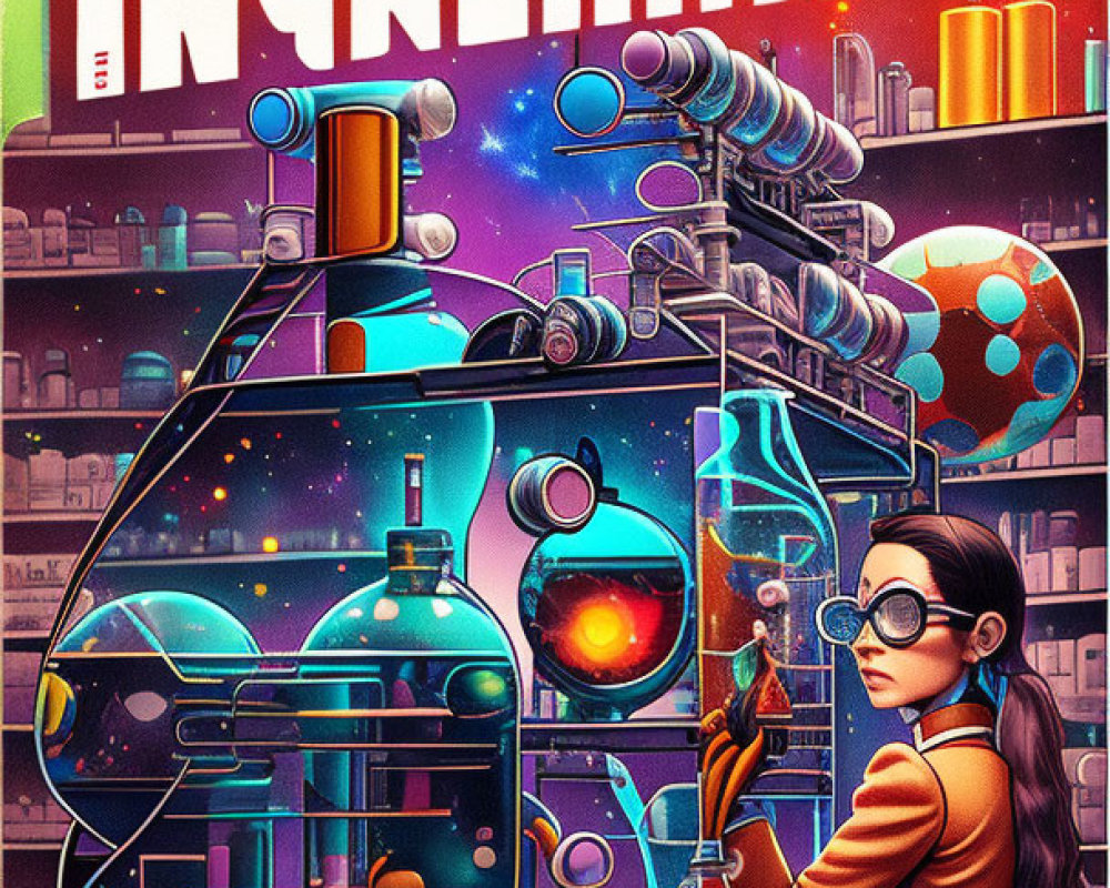 Retro-futuristic poster: Female scientist, large flask, sci-fi cityscape, vibrant orange