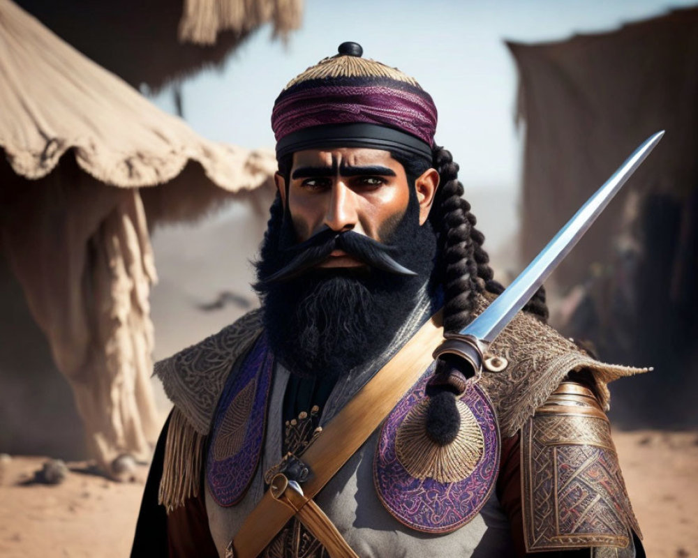 Bearded warrior in ornate armor wields sword in desert scene