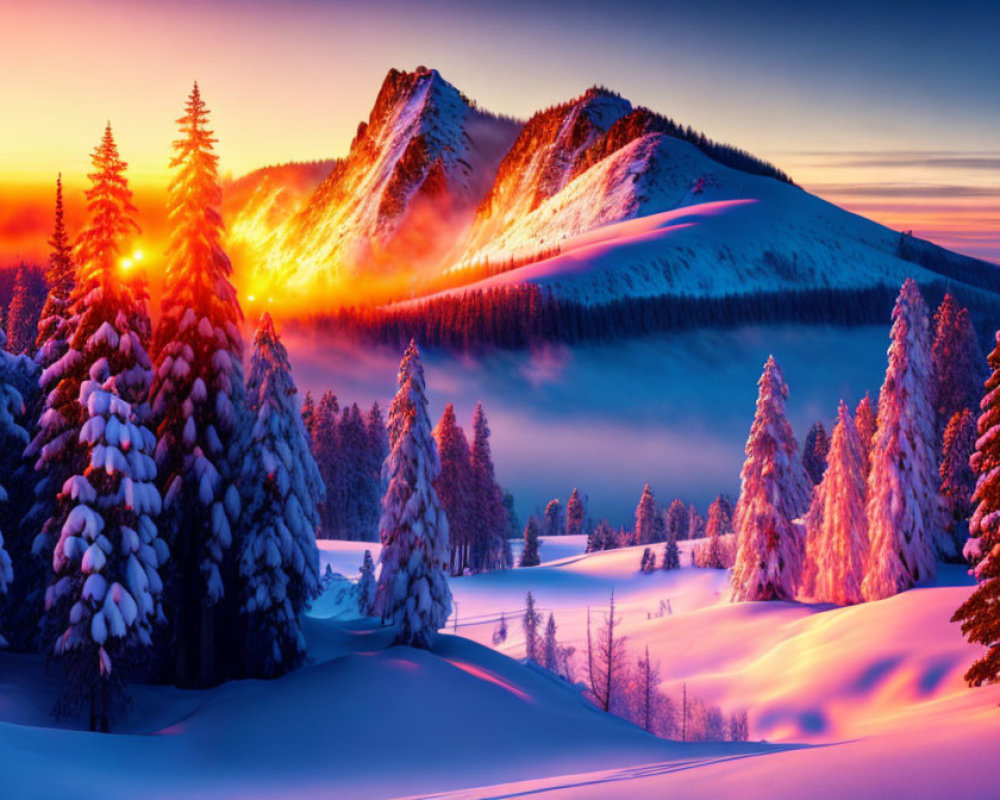 Winter landscape: snow-covered pine trees, mountains, colorful sunset sky, and long shadows.