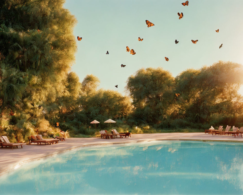 Tranquil poolside scene with lush greenery and fluttering butterflies.