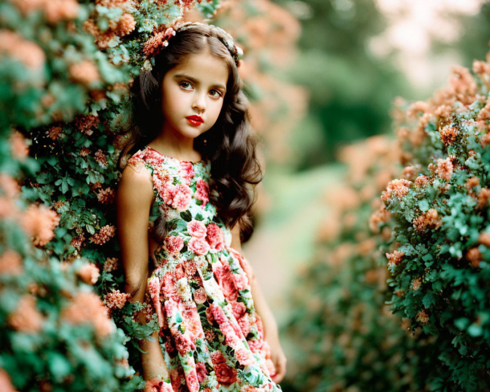 Dark-haired girl in floral dress and headband surrounded by lush green shrubs with pink flowers
