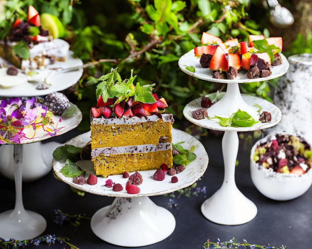 Elegant white cake stands with assorted desserts and fresh strawberries on lush backdrop